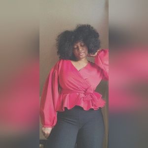 Red Balloon Sleeve Wrap Peplum Top